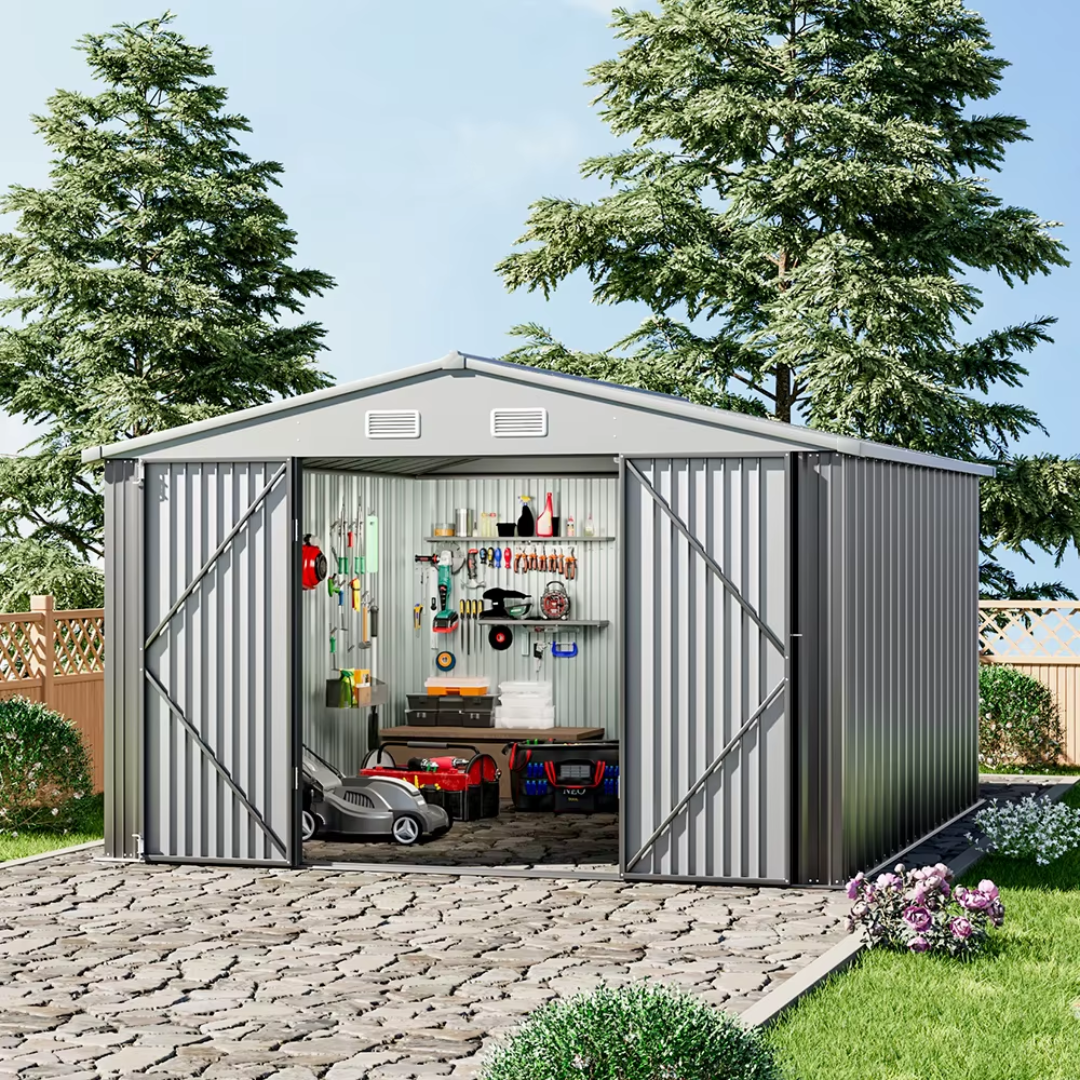 10x10 ft metal garden storage shed with sliding doors, in a garden background, doors open to show the space.