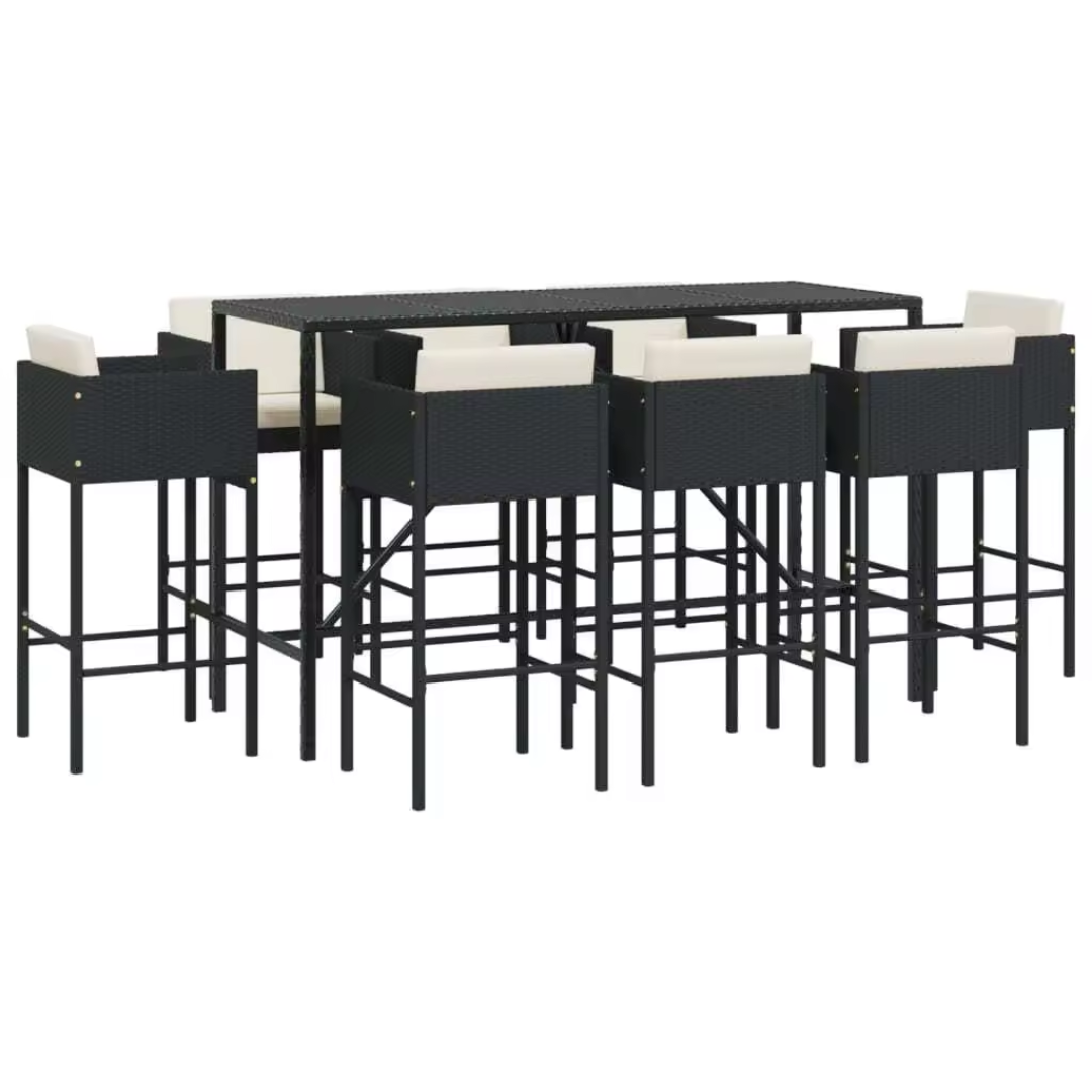 Tall outdoor dining set with eight matching chairs, white background