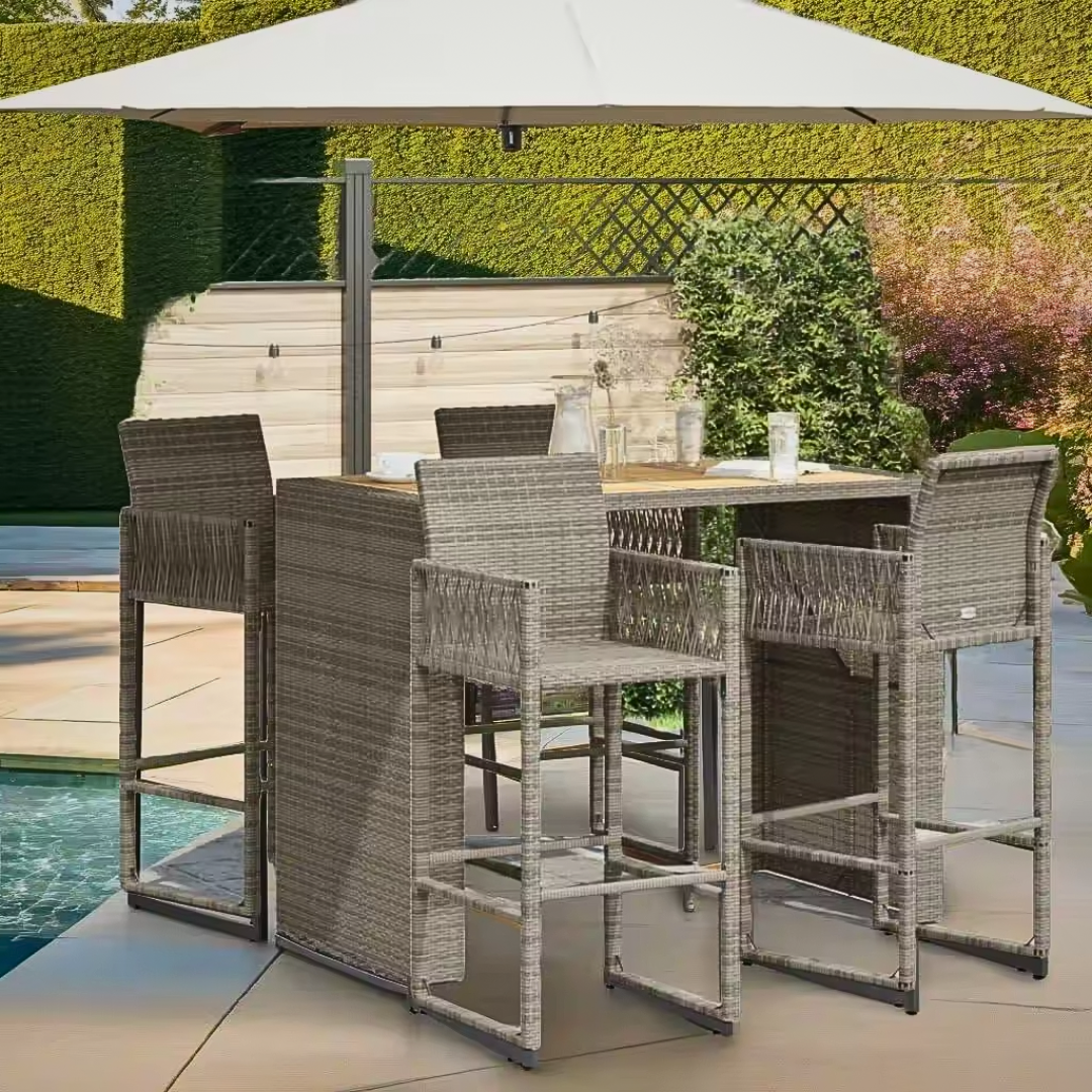 Acacia rattan outdoor bar table with matching chairs, highlighting the chairs style