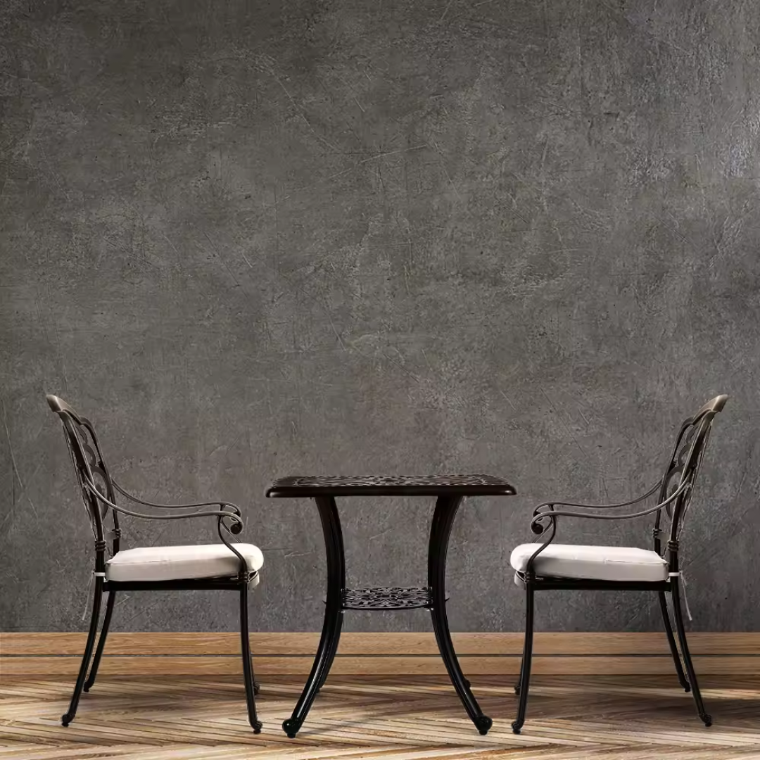 Aluminium bistro outdoor furniture set in a indoor setting