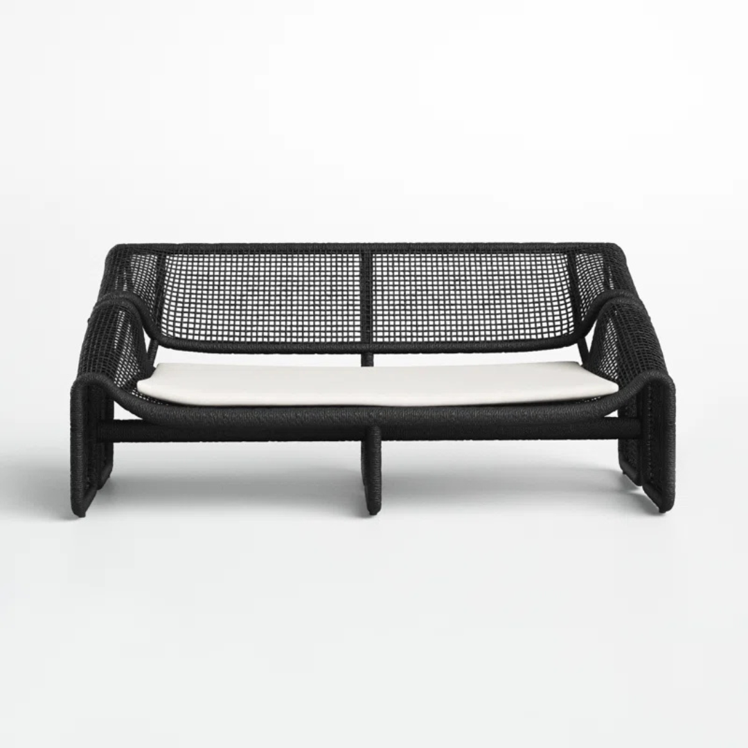 Black Reclined Wicker Garden Sofa, front view, white background