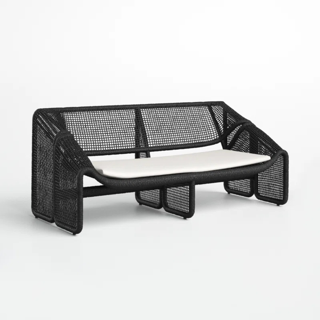 Black Reclined Wicker Garden Sofa, angled view, white background