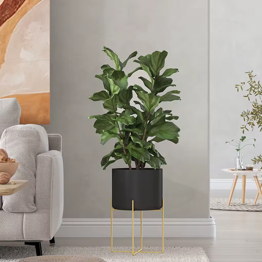 Minimalist black metal planters for patio or home use, in a home