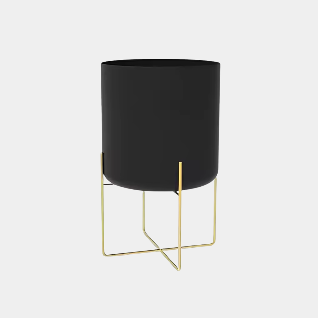 Minimalist black metal planters for patio or home use, grey background