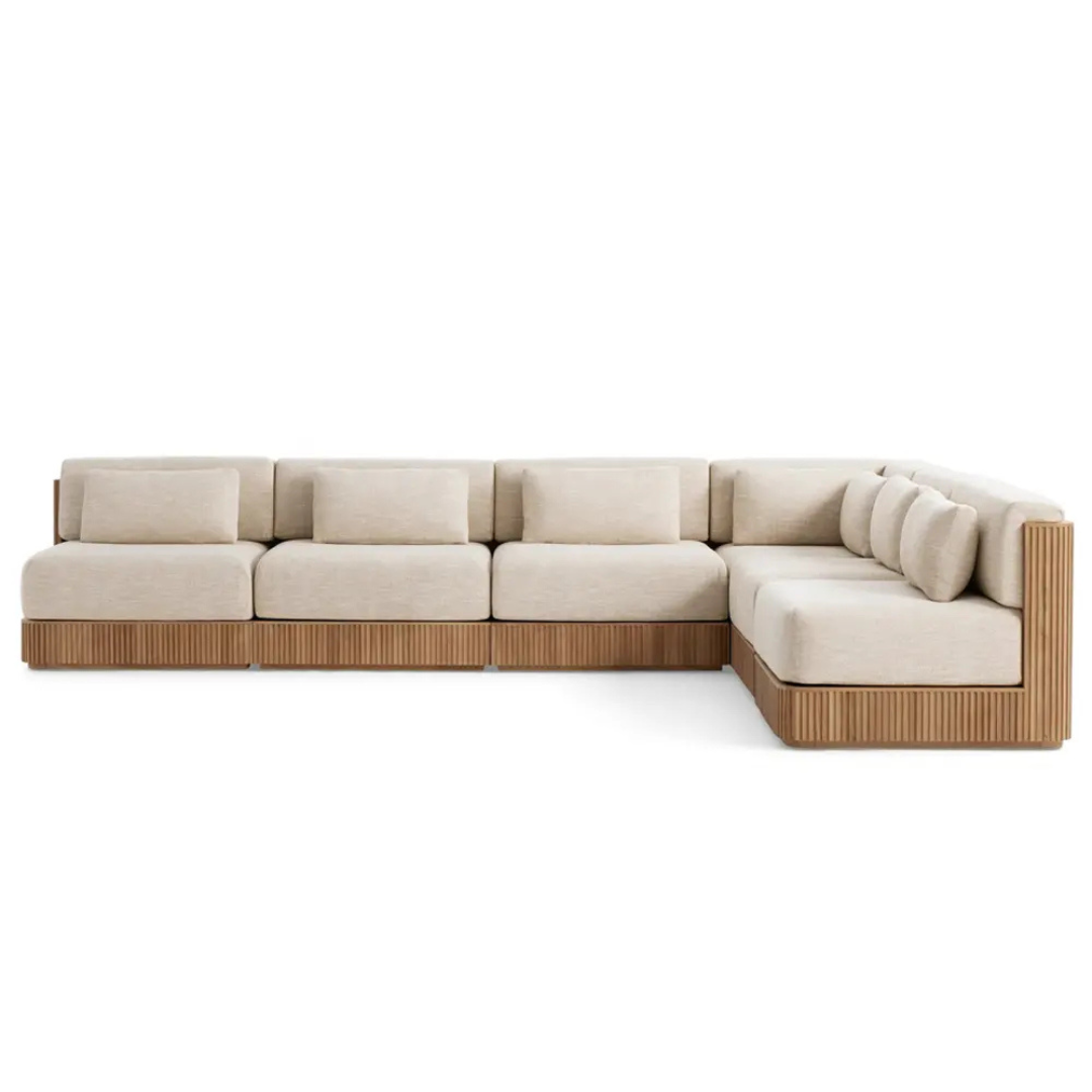 Contemporary corner teak outdoor sofa with cushions, white background