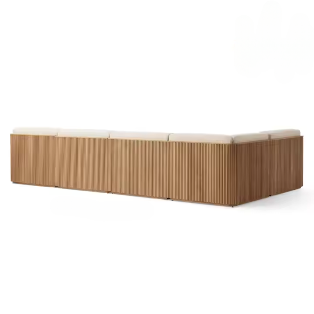 Contemporary corner teak outdoor sofa with cushions, back view of sofa, white background