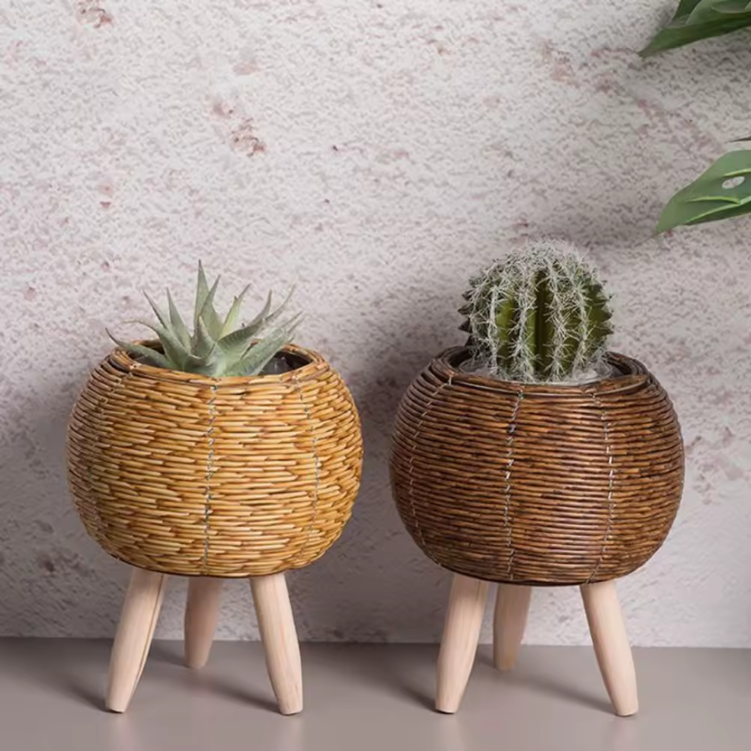 Freestanding round wicker planters for patio or garden, both colours paired together