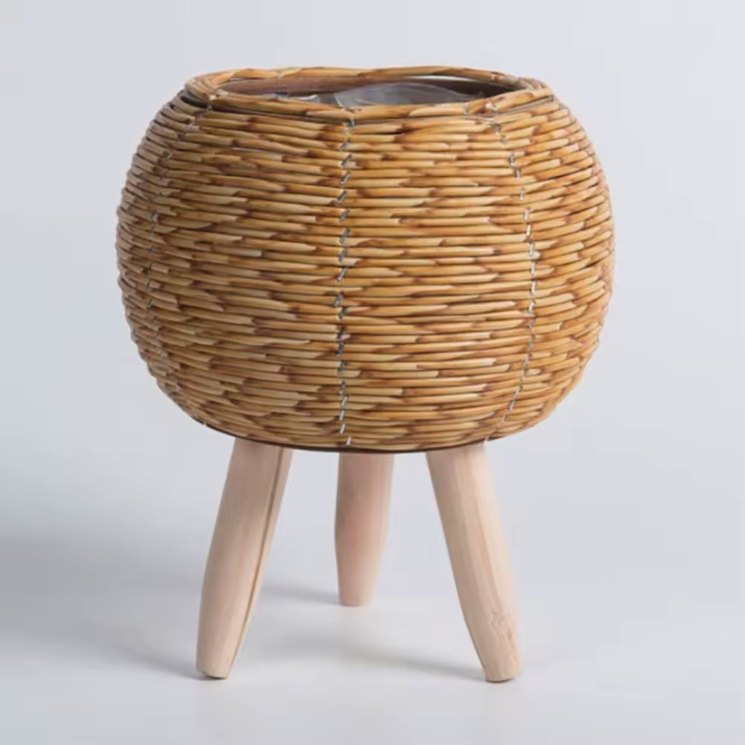 Freestanding round wicker planters for patio or garden, beige