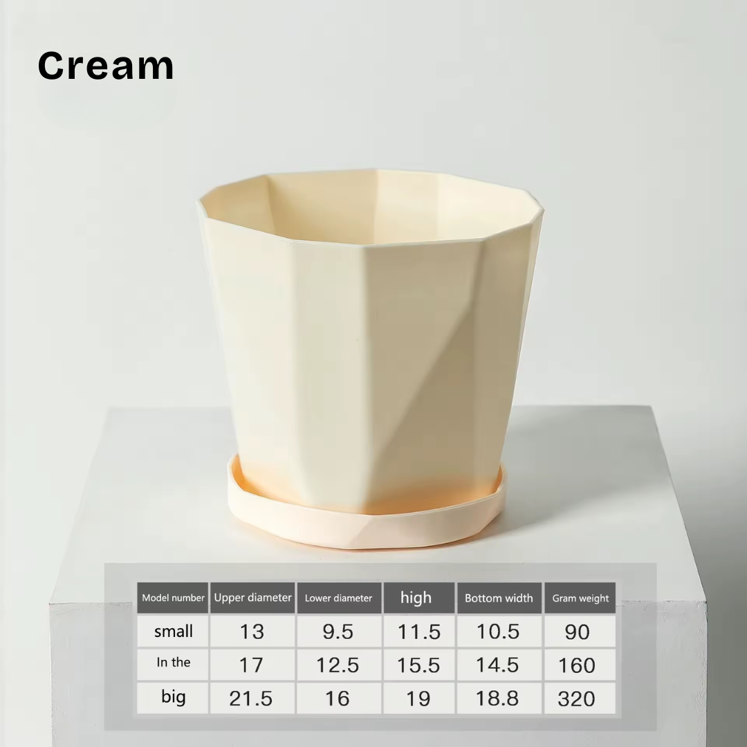 Geometric contemporary plant pots for modern garden styling, cream with dimensions