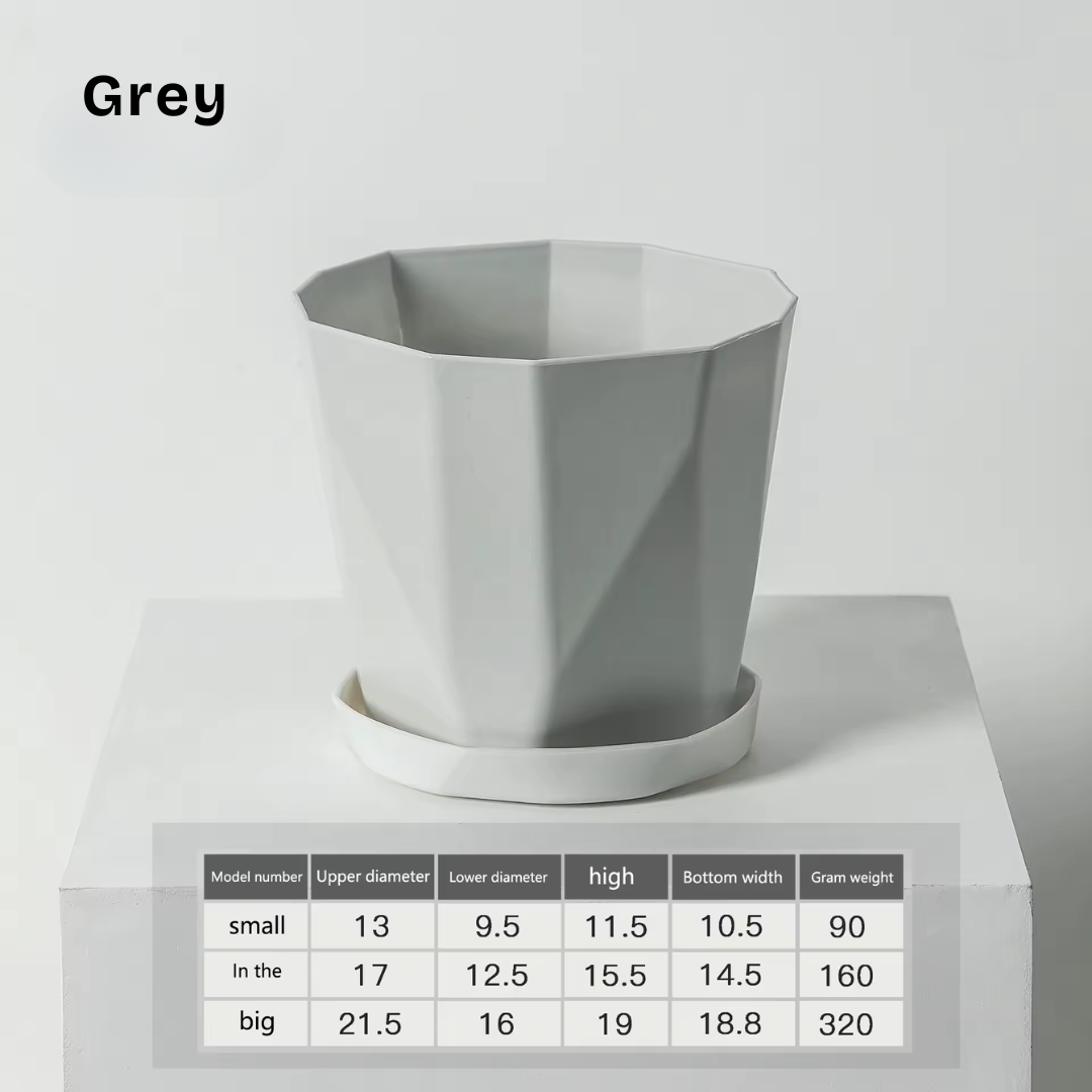 Geometric contemporary plant pots for modern garden styling, grey with dimensions