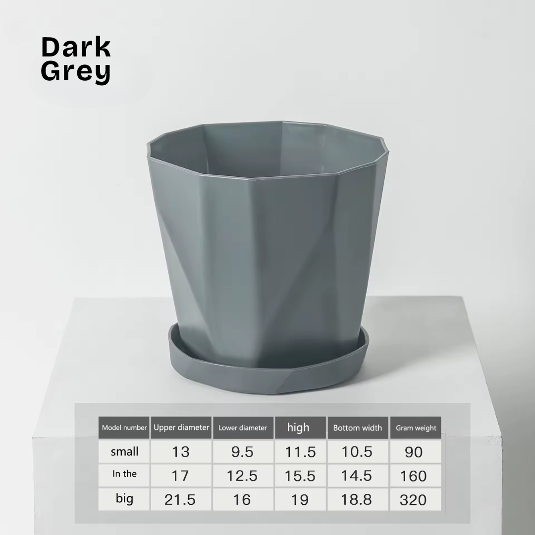 Geometric contemporary plant pots for modern garden styling, dark grey with dimensions