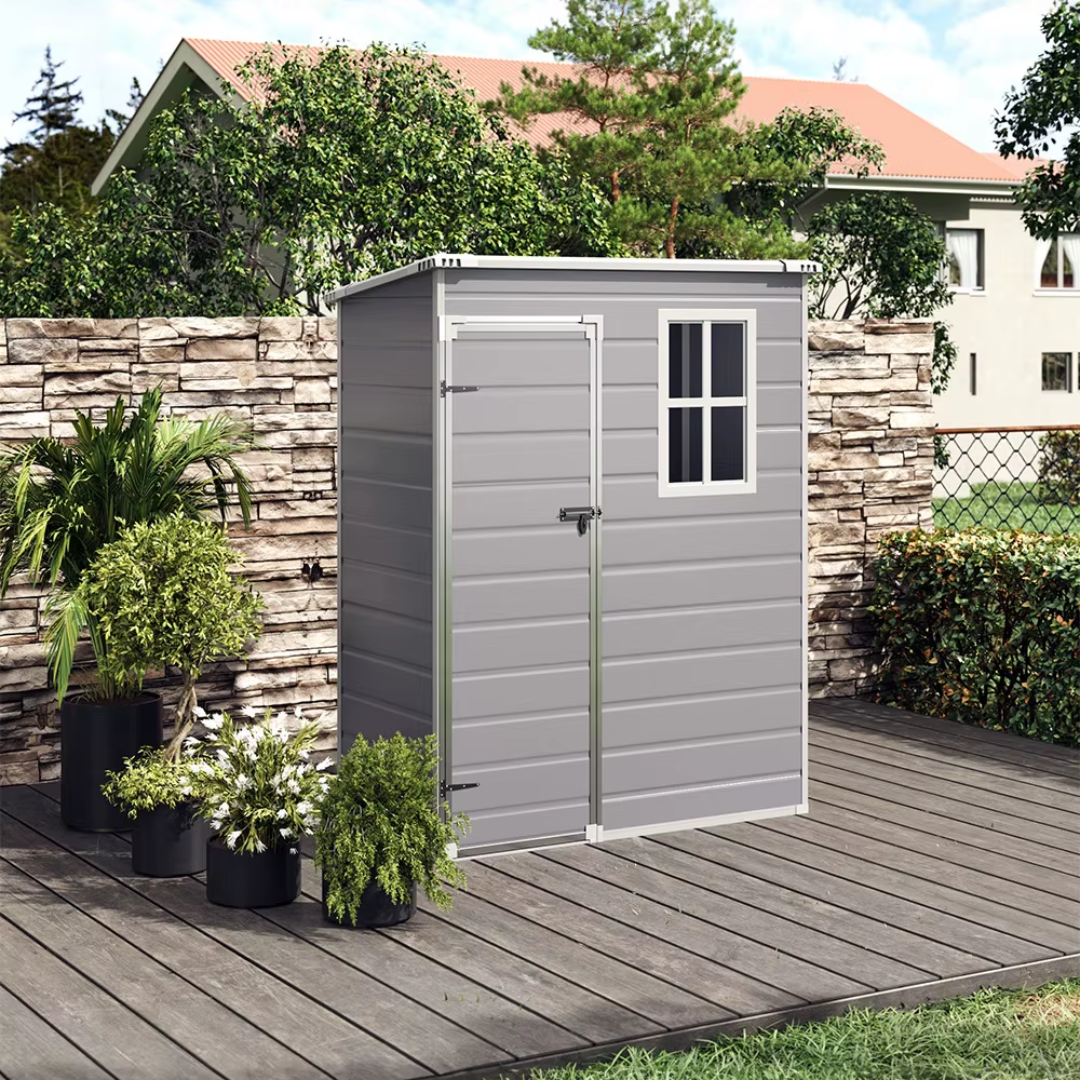 Space-saving garden shed with modern grey finish, left hand door shed on outdoor decking