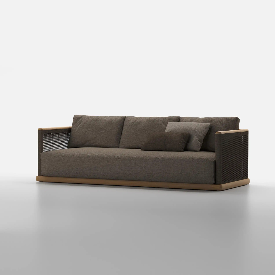 Beautiful, modern and stylish 3 seater teak sofa, in a studio background