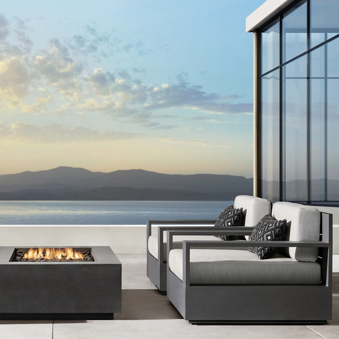 Luxury aluminium fire pit garden furniture set with cushions, black frame white cushions; the image shows 2 armchairs accompanied by the firepit