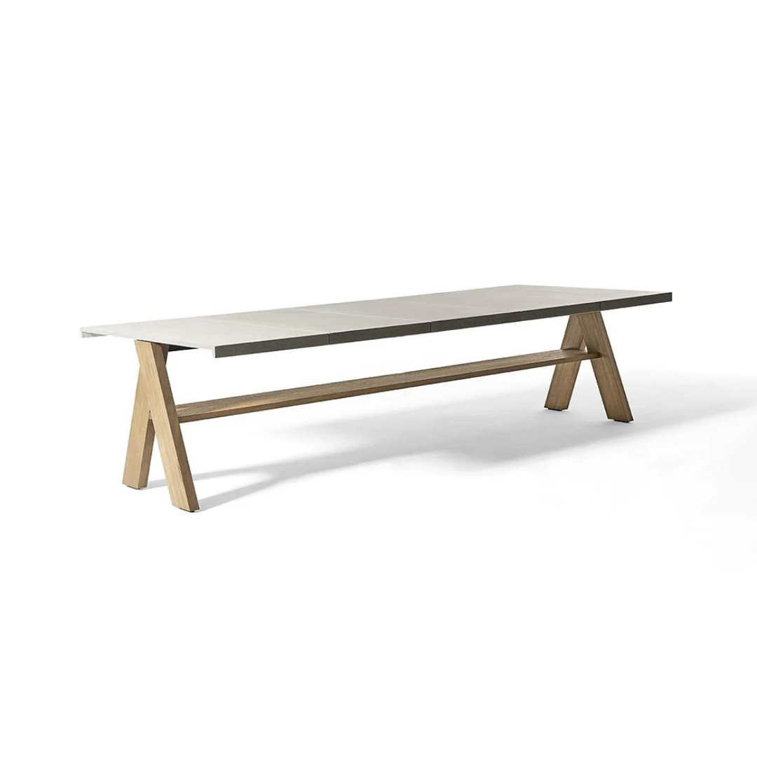 Contemporary outdoor dining table with matching benches, dining table angled view, white background