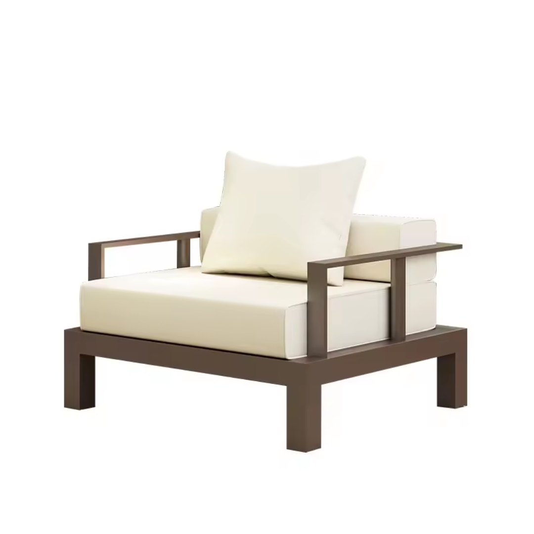 Modern minimalist aluminium garden furnitur,e set, armchair in a white background