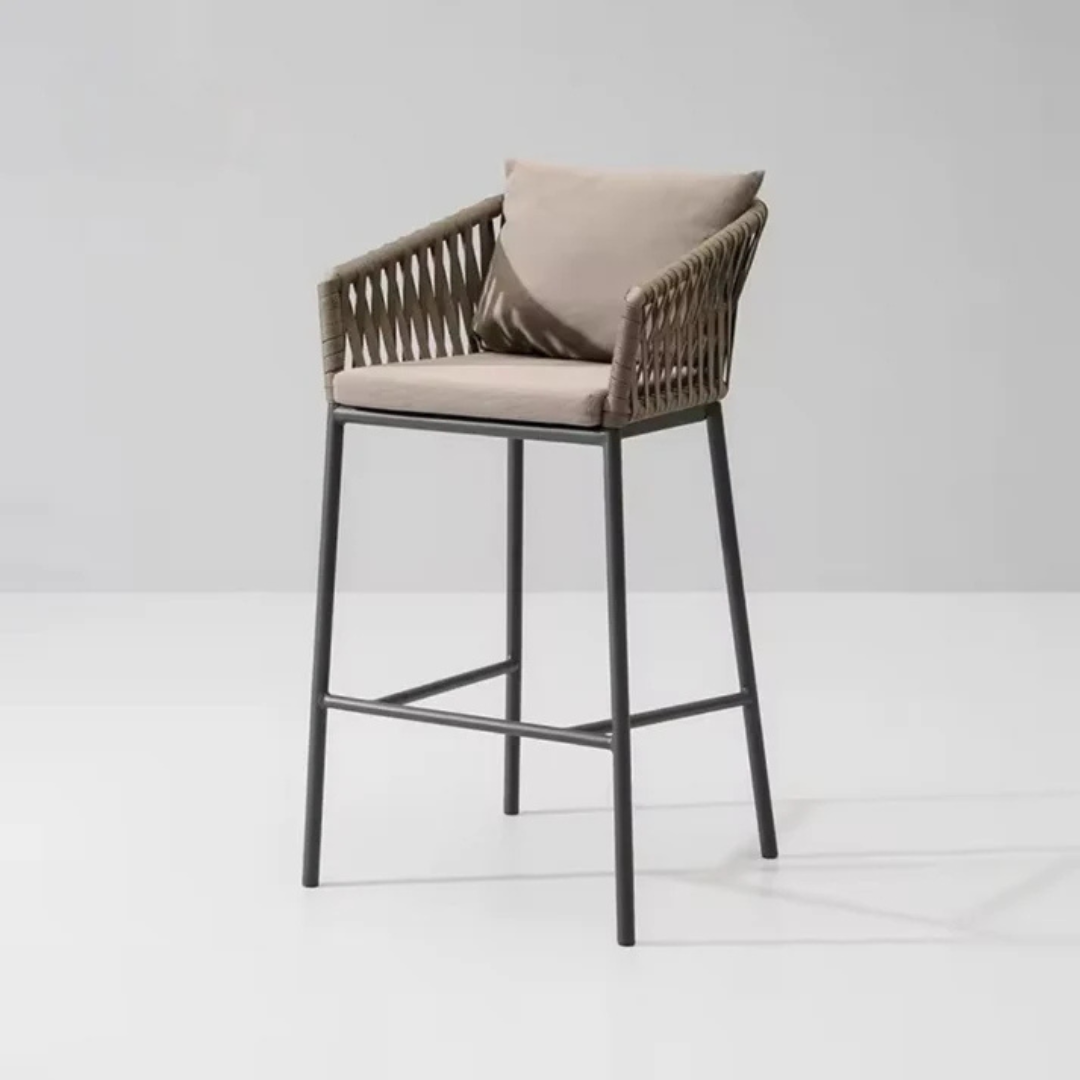 "Modern rope woven bar stool with backrest, studio background