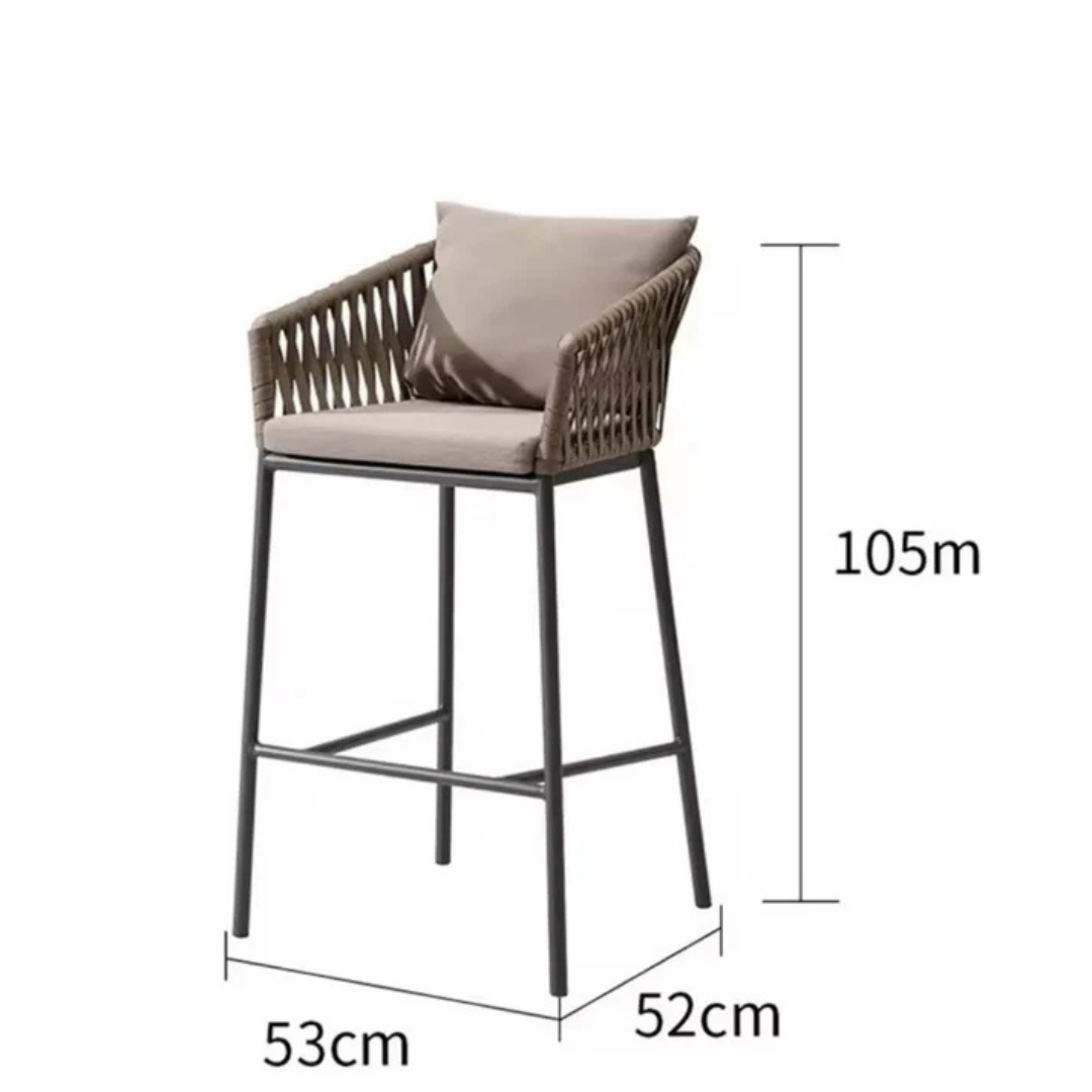 "Modern rope woven bar stool with backrest, dimensions