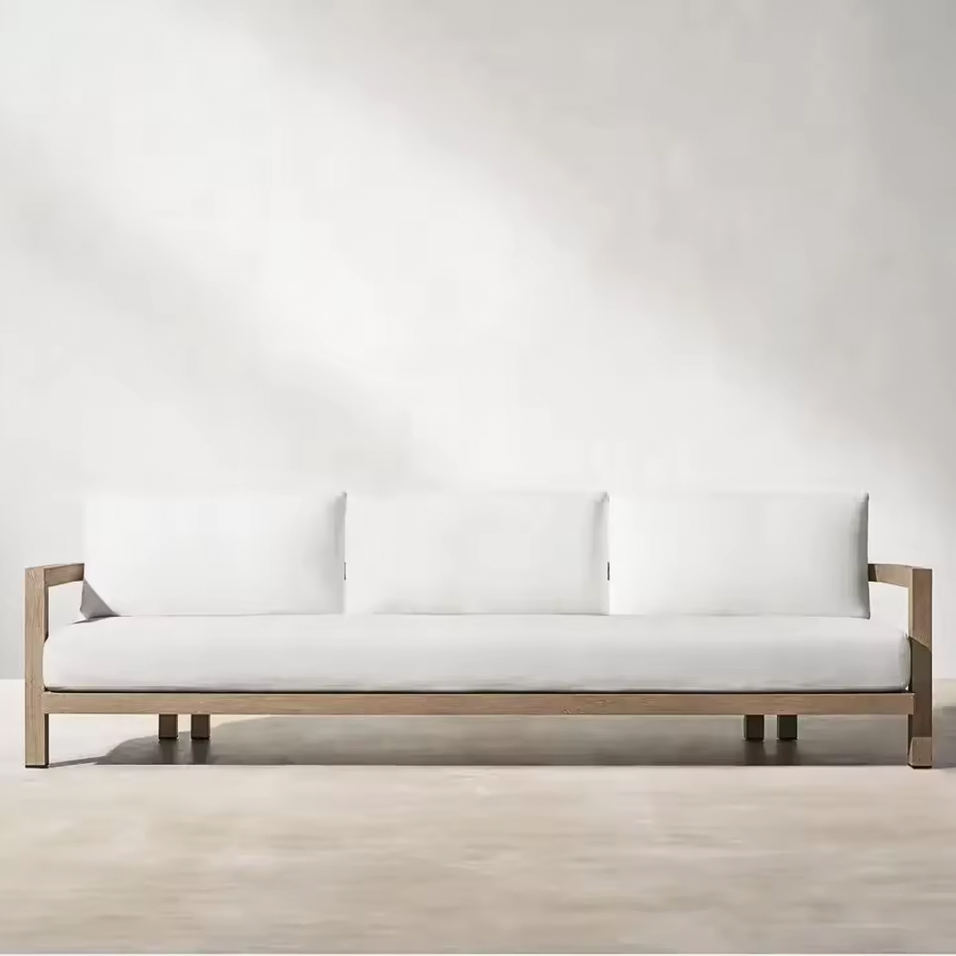Modern wood garden sofa set with cushions, 3 seater sofa in a studio background