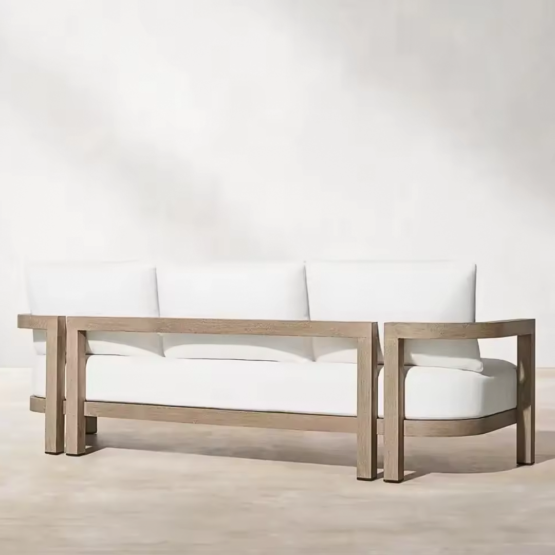 Modern wood garden sofa set with cushions, image shows the back of the 3 seater sofa in a studio background