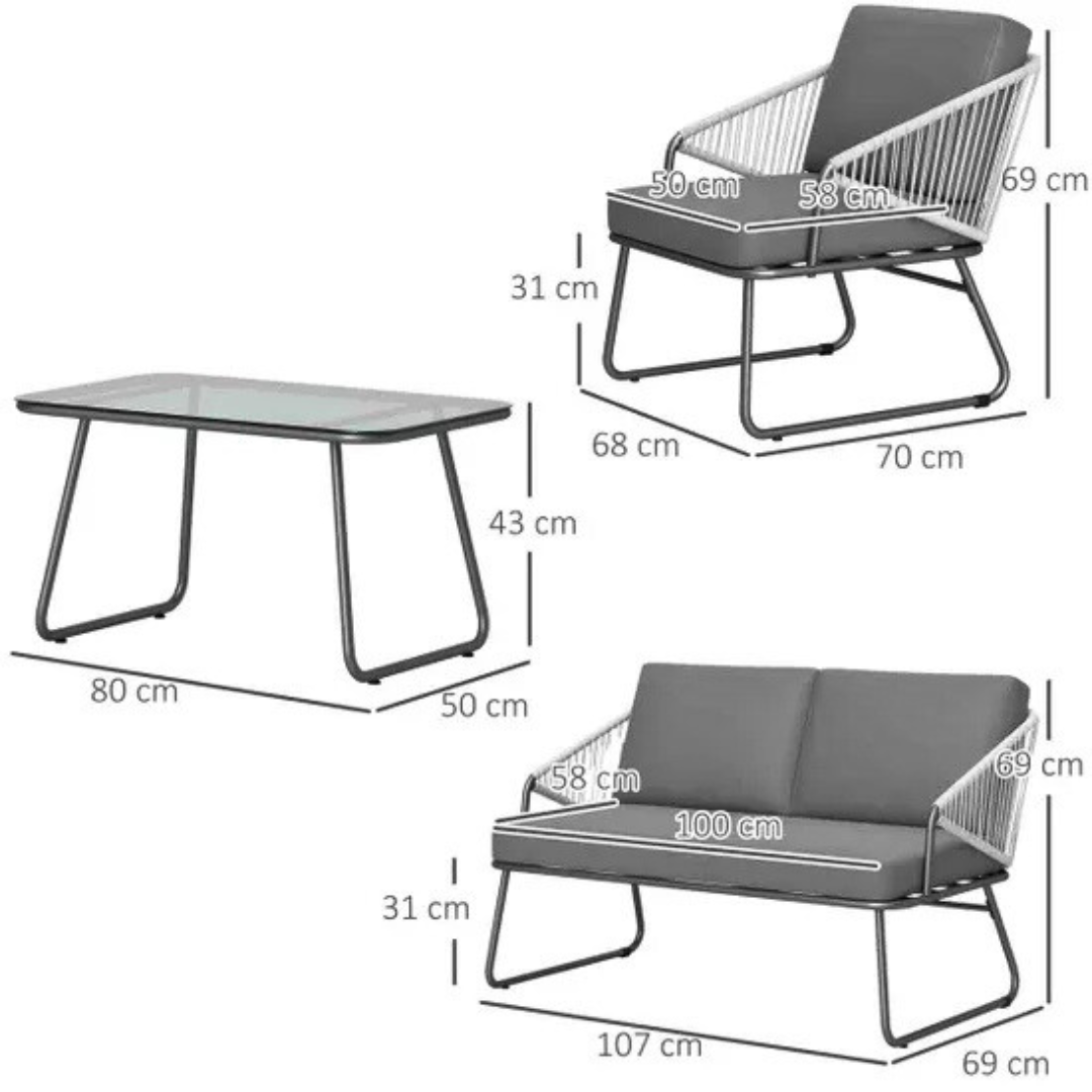 Outdoor lounge set with rope armchairs and sofa, dimension