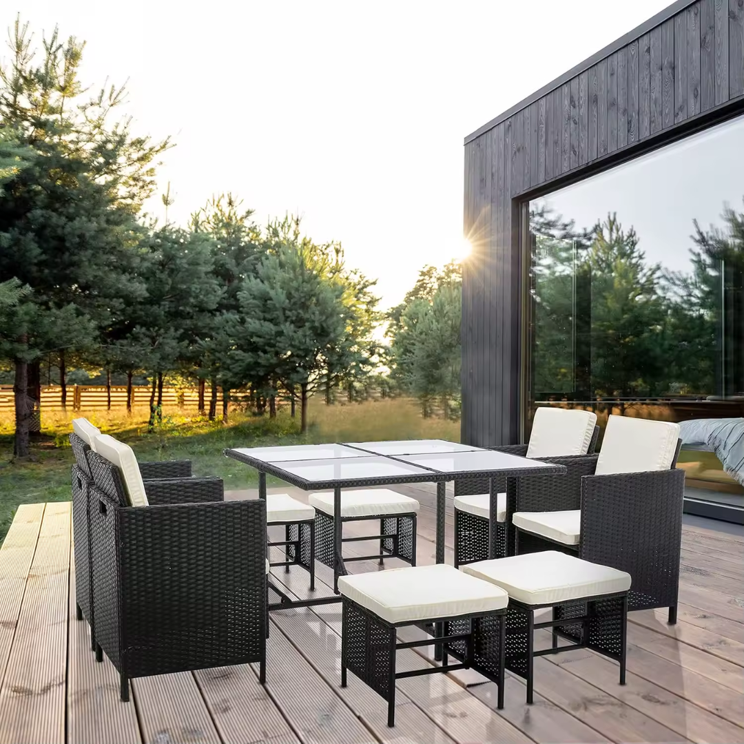 Rattan outdoor furniture set with matching table and chairs, black
