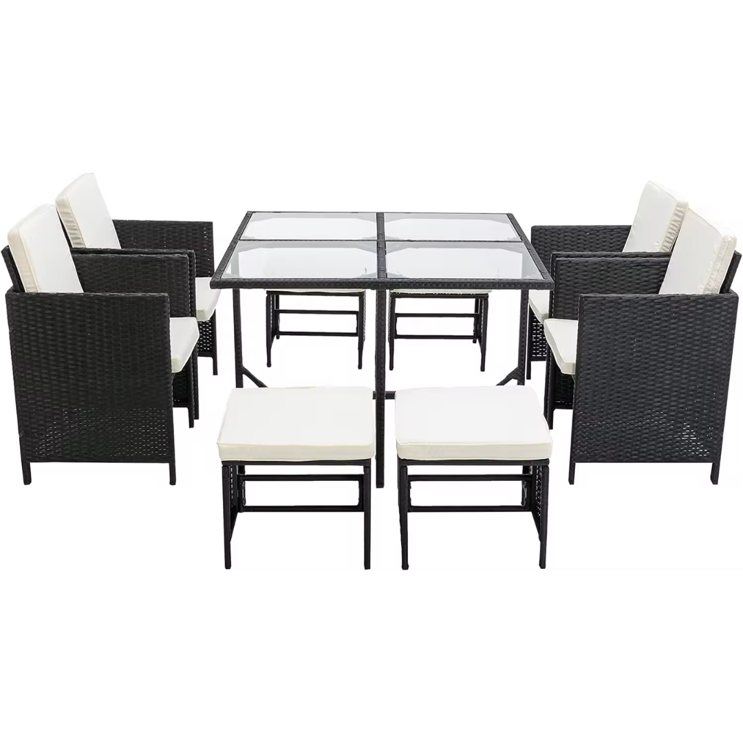 Rattan outdoor furniture set with matching table and chairs, black with white background