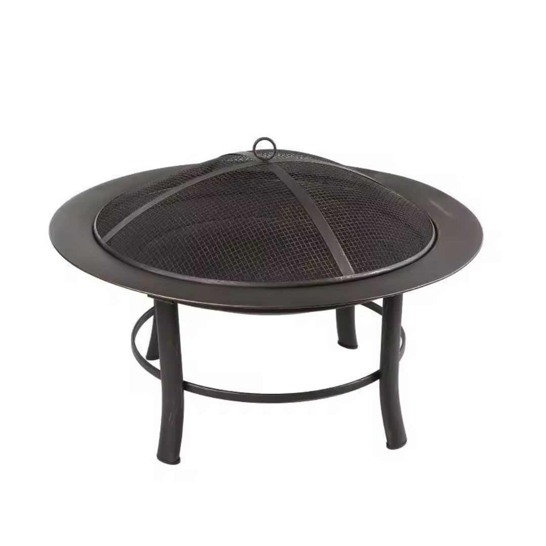 Metal fire bowl with clean circular design for garden, top view, white background
