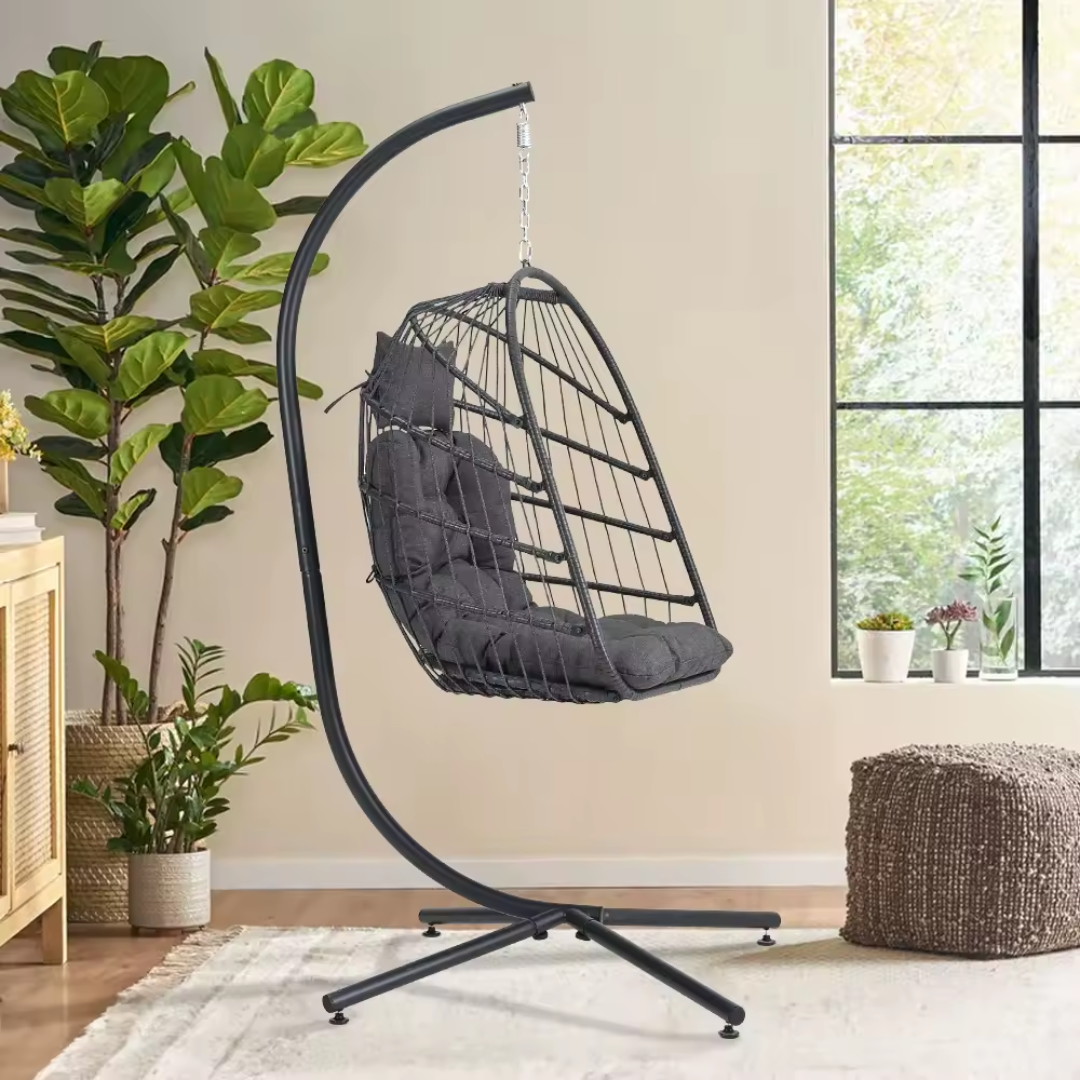 single outdoor hanging egg chair with stand and cushion, indoor, side view