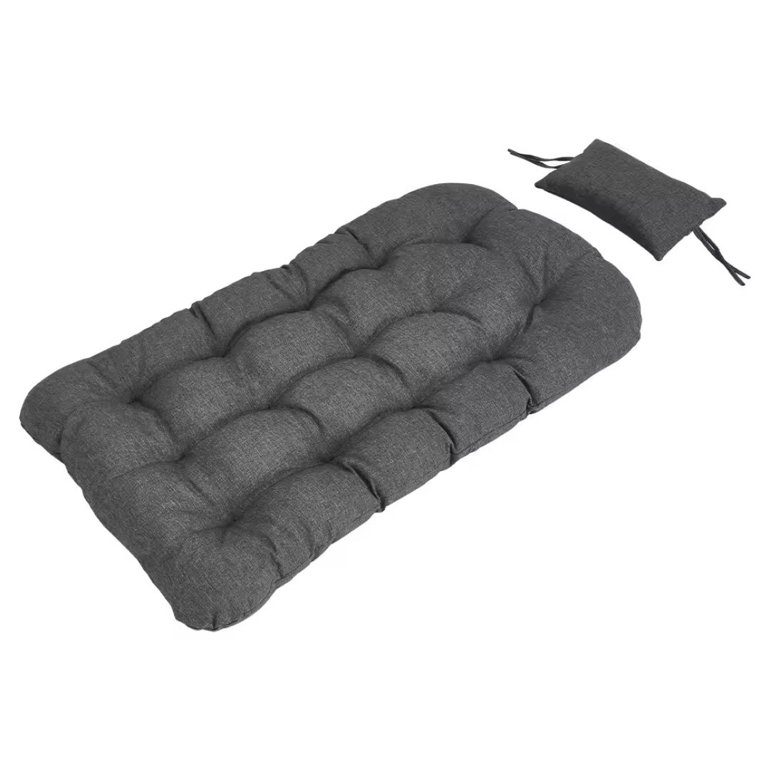 single outdoor hanging egg chair with stand and cushion, close up of cushions