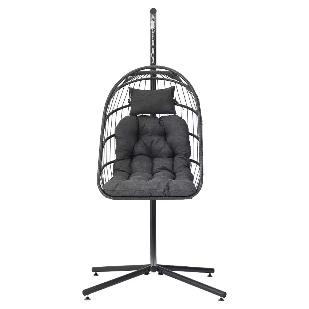 single outdoor hanging egg chair with stand and cushion, white background