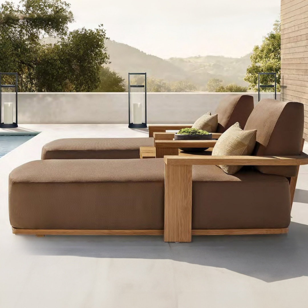 Solid Wood Brown Garden Sun Lounger featured in a luxury garden setting