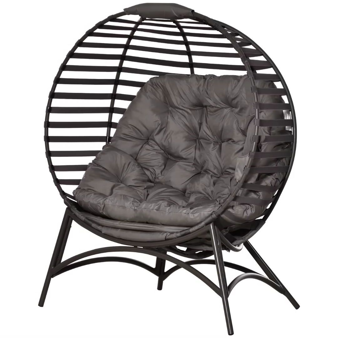 Standing basket style outdoor egg chair with cushion, with a white background
