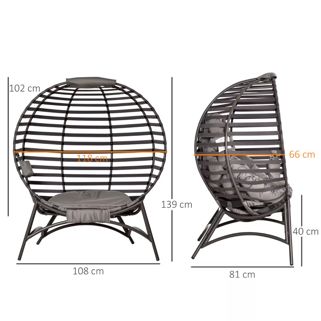 Standing basket style outdoor egg chair with cushion, dimensions.