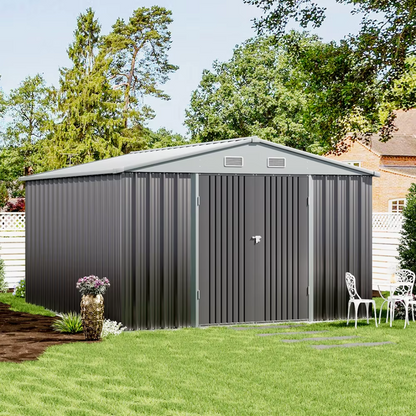10x10 ft metal garden storage shed with sliding doors, in a garden background