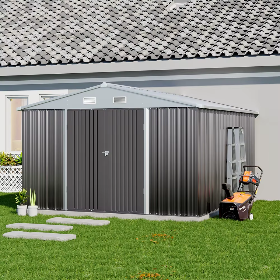 10x10 ft metal garden storage shed with sliding doors, on a stone foundation