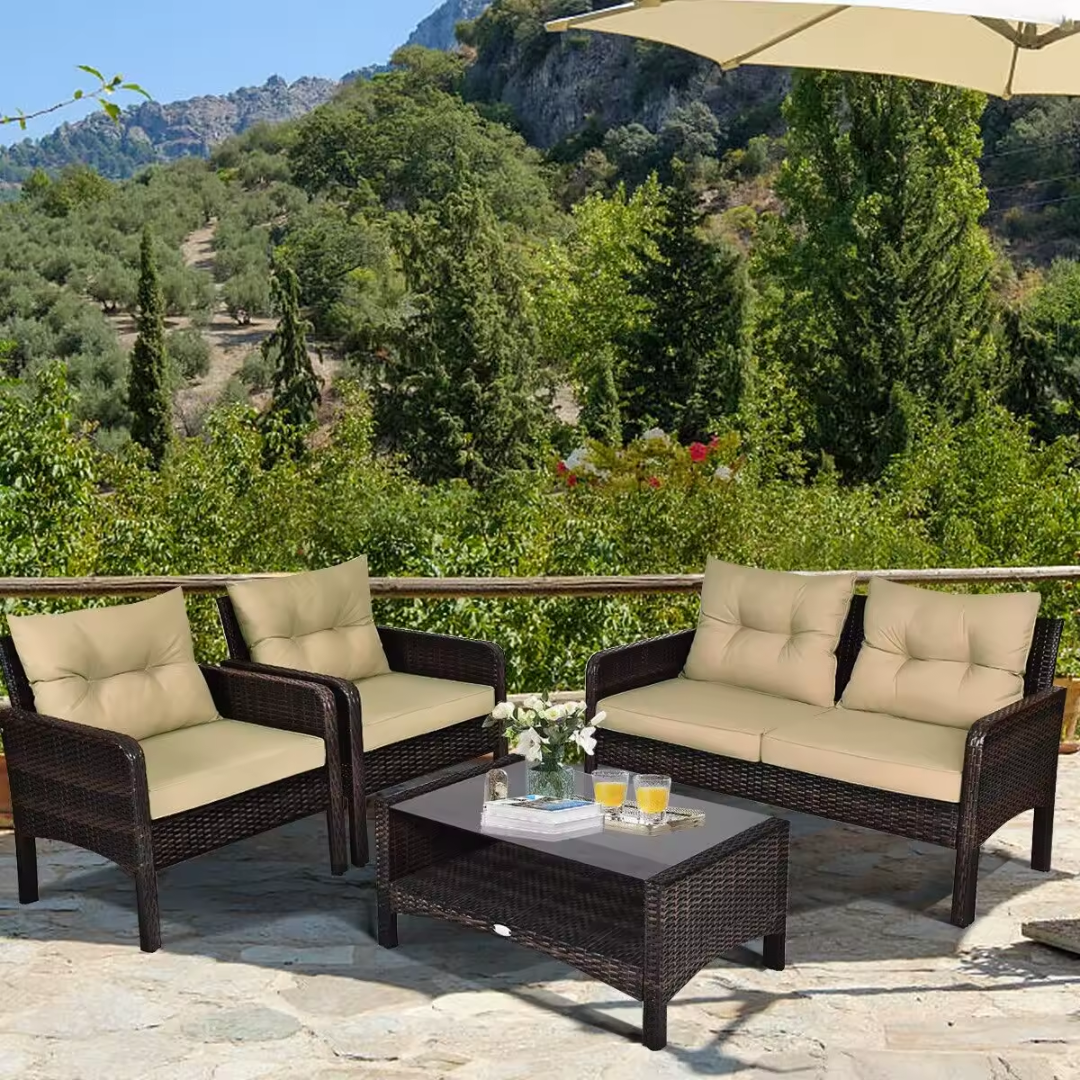 4pc rattan outdoor sofa set with chairs and coffee table, with a forest background