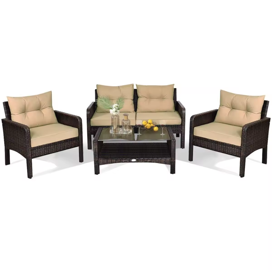 4pc rattan outdoor sofa set with chairs and coffee table, white background