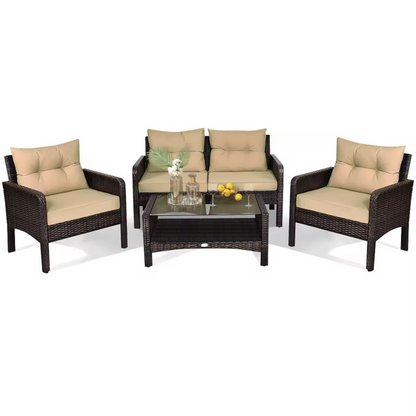 4pc rattan outdoor sofa set with chairs and coffee table, white background