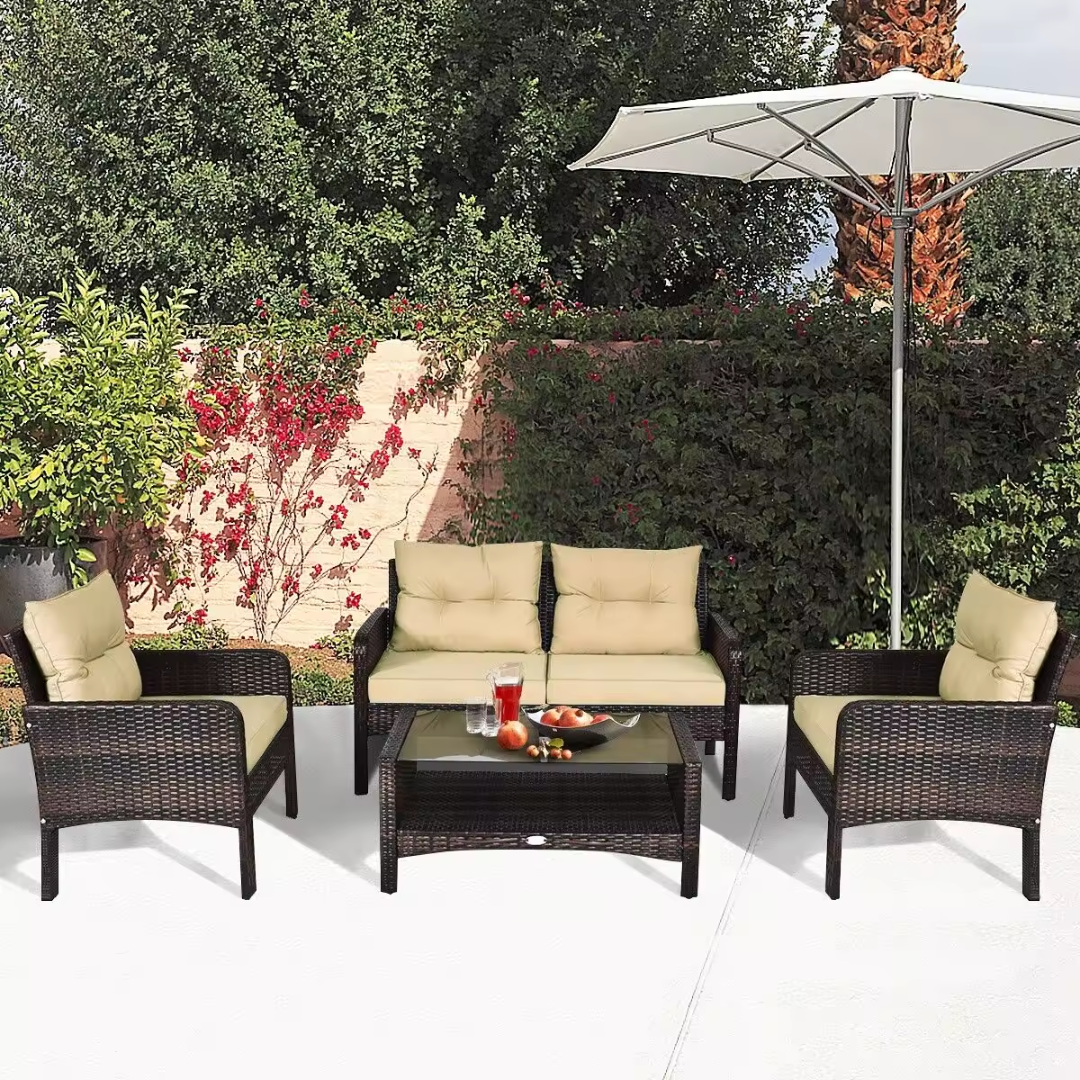 4pc rattan outdoor sofa set with chairs and coffee table, garden background