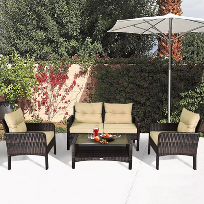 4pc rattan outdoor sofa set with chairs and coffee table, garden background
