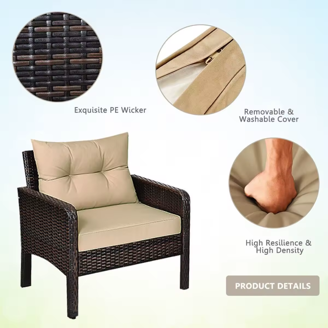 4pc rattan outdoor sofa set with chairs and coffee table, product highlights