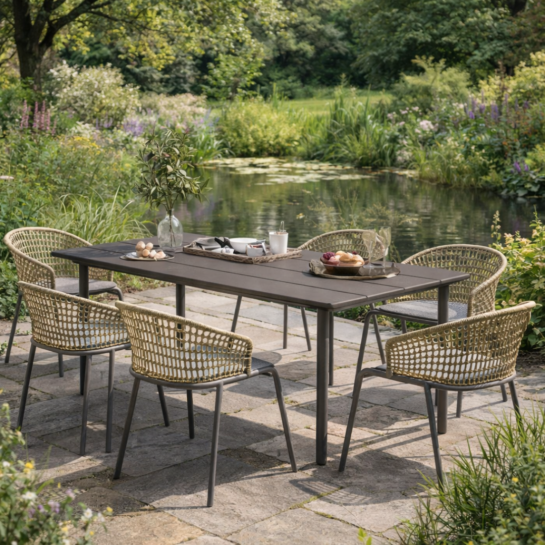 6-seater garden table set in a traditional garden setup, surrounded by 6 dining chairs.