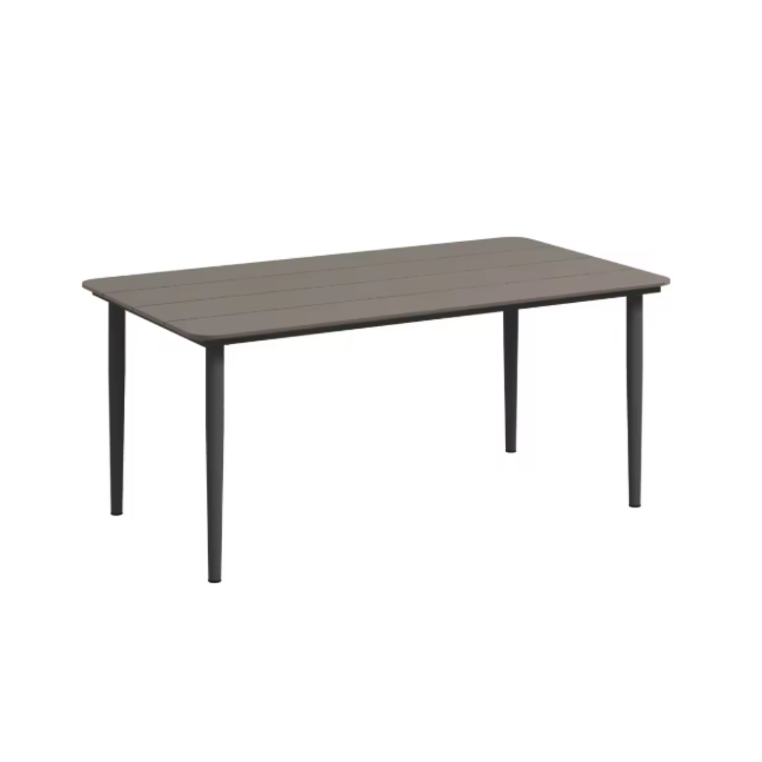 Rectangular outdoor table with a brown top and black legs on a white background