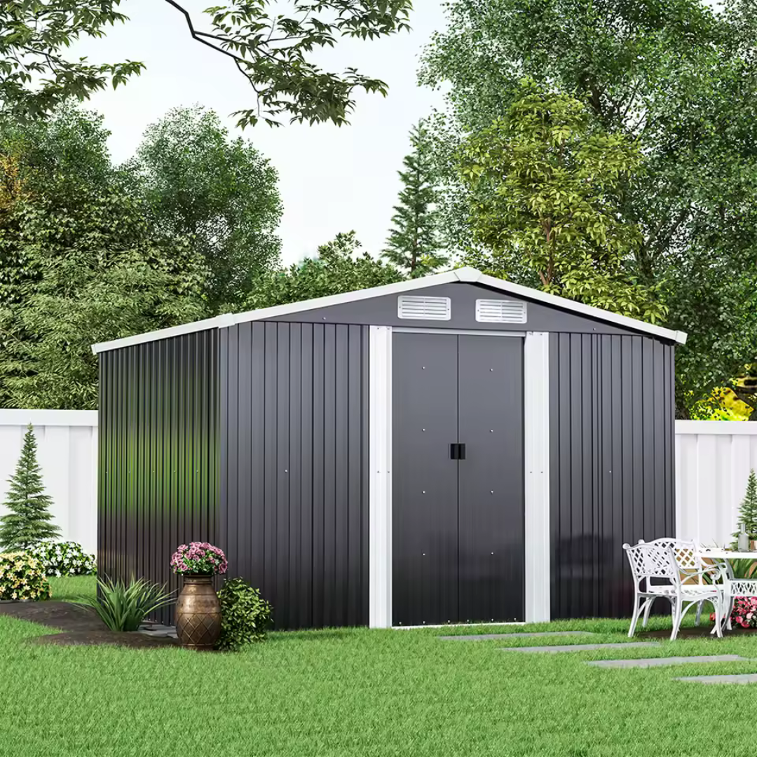 6x8 ft outdoor metal storage shed with sliding doors, in a garden background