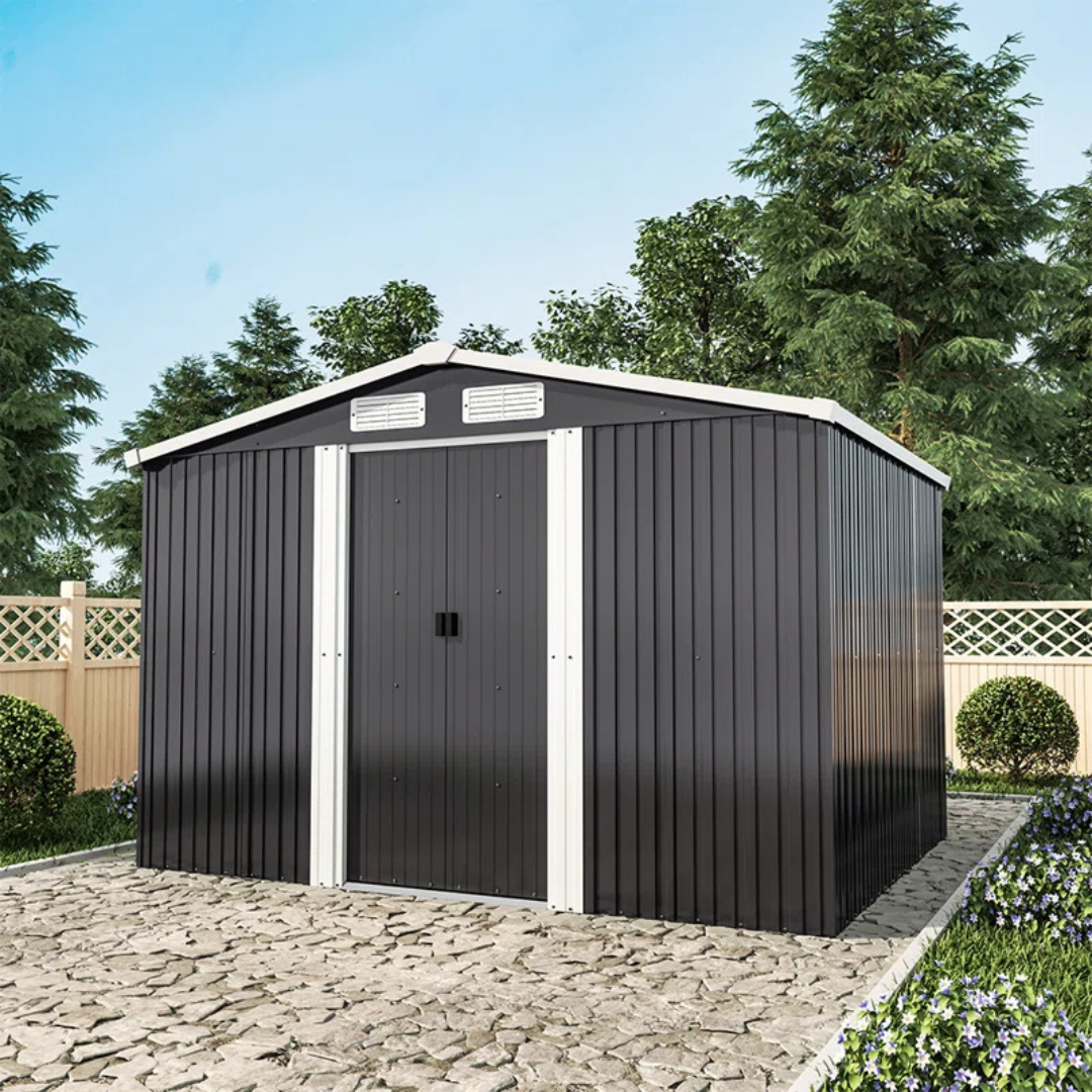 6x8 ft outdoor metal storage shed with sliding doors, on stone patio.