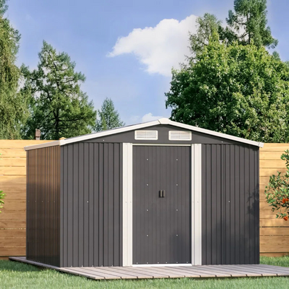 6x8 ft outdoor metal storage shed with sliding doors, in a garden background, resting on a decking floor.