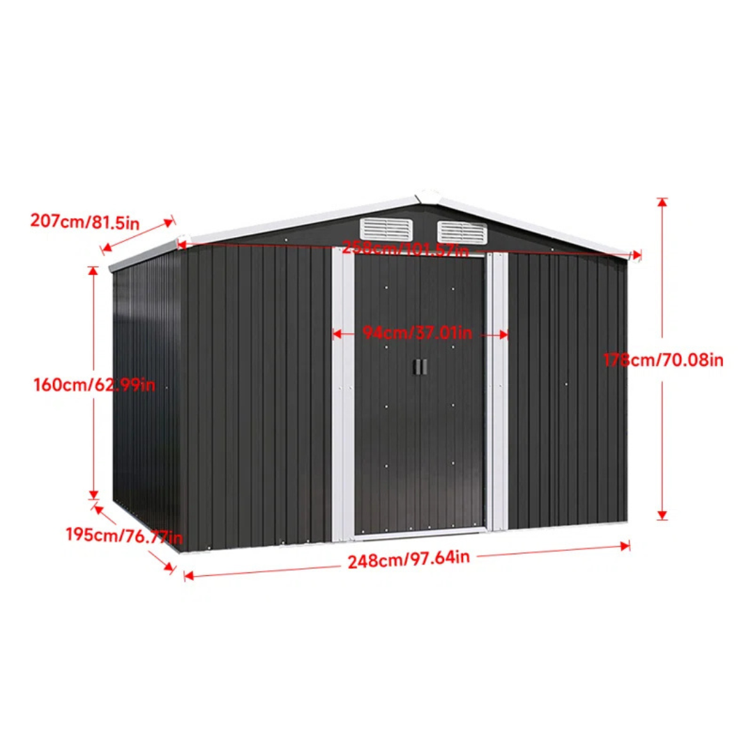 6x8 ft outdoor metal storage shed with sliding doors, dimensions.