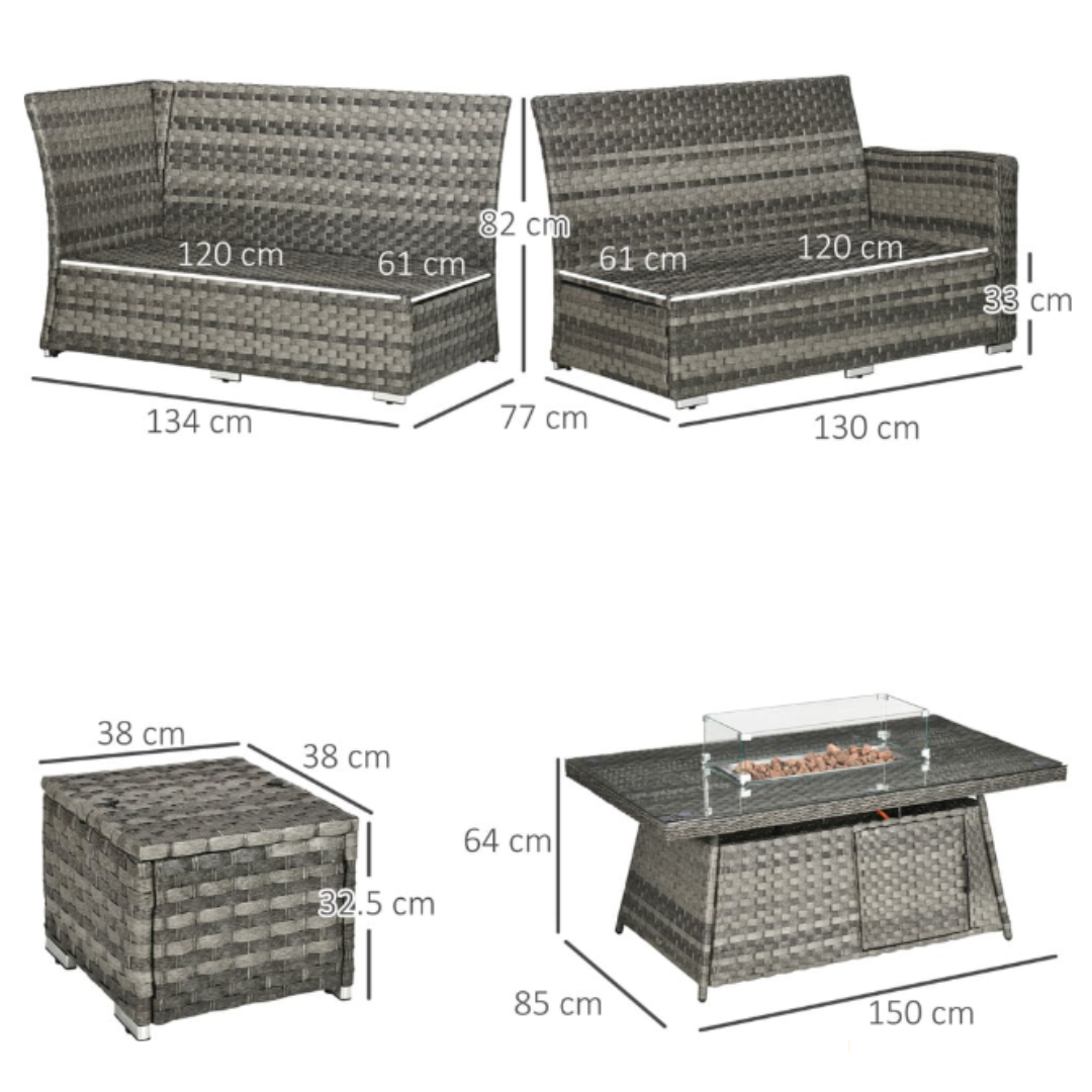 7 piece rattan fire pit garden furniture set, dimensions.