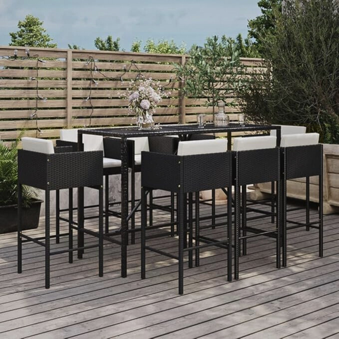 Tall outdoor dining set with eight matching chairs, on garden decking